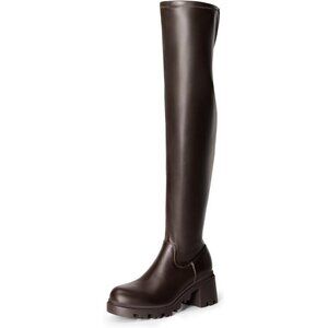 Women's Brown-pu Faux Leather Knee High Over The Knee High Chunky Heel Boots